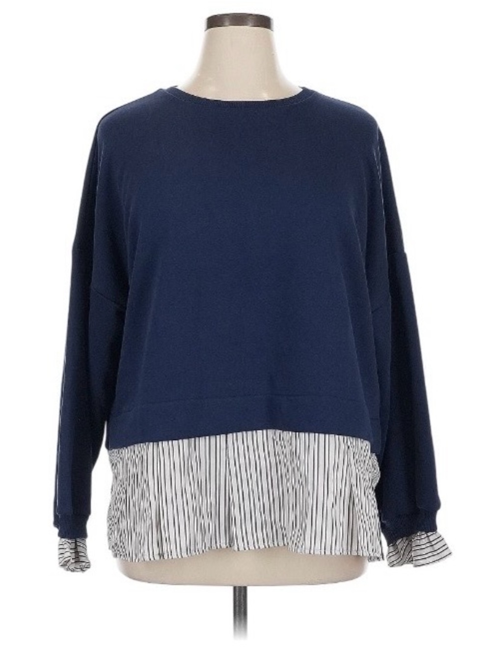 Maeve by Anthropologie Navy Pullover Sweatshirt with Faux-Layered Striped Shirt